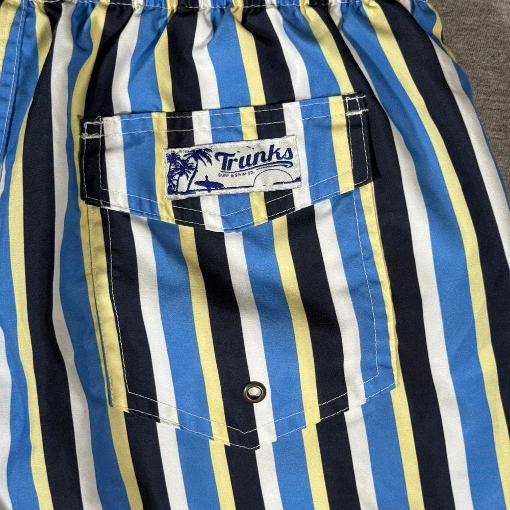 Trunks Surf & Swim Co Mens L Blue Yellow Striped Mesh Lined Swim Trunks